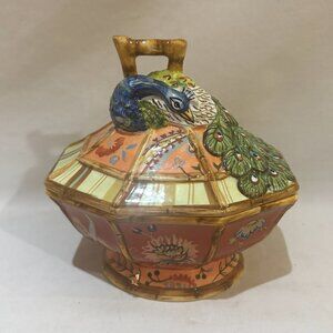 Tracy Porter Hand Painted Peacock Sugar Bowl The Artisan Road Collection EUC